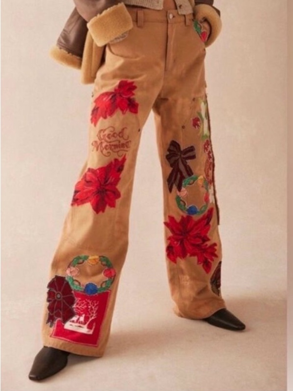 Free people Craft Pants Embellished Tan Wide-Leg Holiday Patchwork Pants